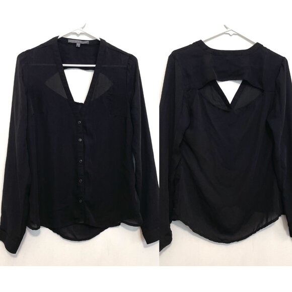 GUESS Black Chiffon V-Neck Long Sleeve Cutout Back Y2K Button Down Shirt Blouse - Picture 1 of 15